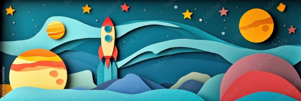Poster layered paper cut artwork of a cosmic adventure featuring vibrant planets and a rocket ship in deep 