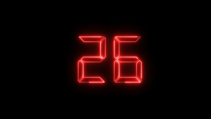 Abstract glowing red color neon countdown 26 number illustration background 4k.