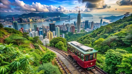 Naklejka premium Panoramic View of Green Tram Ascending Victoria Peak in Hong Kong