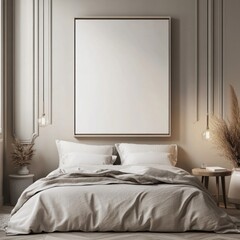 Minimalist bedroom interior with large blank canvas above bed.