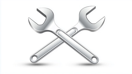 A digital illustration of two metallic wrenches, rendered in a silver tone, are depicted in a crossed position against a stark white background.  The wrenches feature a high degree of detail,