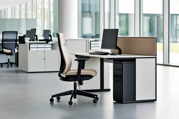 Fototapeta premium Modern Office Interior with Ergonomic Chair and Desk Setup