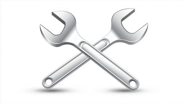 A digital illustration of two metallic wrenches, rendered in a silver tone, are depicted in a crossed position against a stark white background.  The wrenches feature a high degree of detail,
