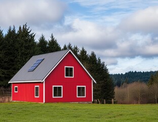 Obraz premium Red House Surrounded by Green Grass and Forest Under a Blue Sky