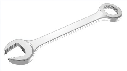 High-angle, close-up studio shot of a silver metallic combination wrench. The image shows the tool's details, including the open-end and box-end features, with a focus on its smooth, reflective