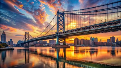 Fototapeta premium Stunning Sunset Over Ben Franklin Bridge Reflecting on Water