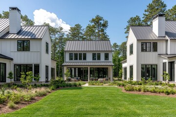 Modern farmhouse architecture with green lawn and landscape design