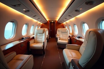 Fototapeta premium Luxurious airplane cabin interior with elegant leather seats and ambient lighting, cabin, luxury, leather