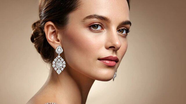 Close up of a woman showcasing a pair of dazzling diamond earrings