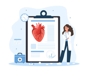 Cardiologist concept. Heart disease. Cardiology and circulatory system treatment. Doctor patient help. Vector illustration.