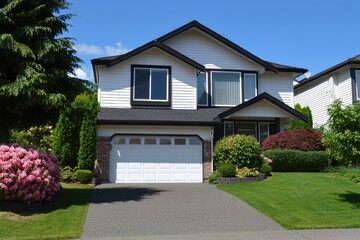 Beautiful suburban home with landscaped garden and clear sky