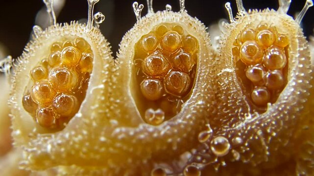 Close-up view of coral polyps showing their reproductive structures in a vibrant marine environment