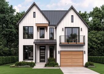 Modern Two-Story House with Stylish Features and Open Landscape