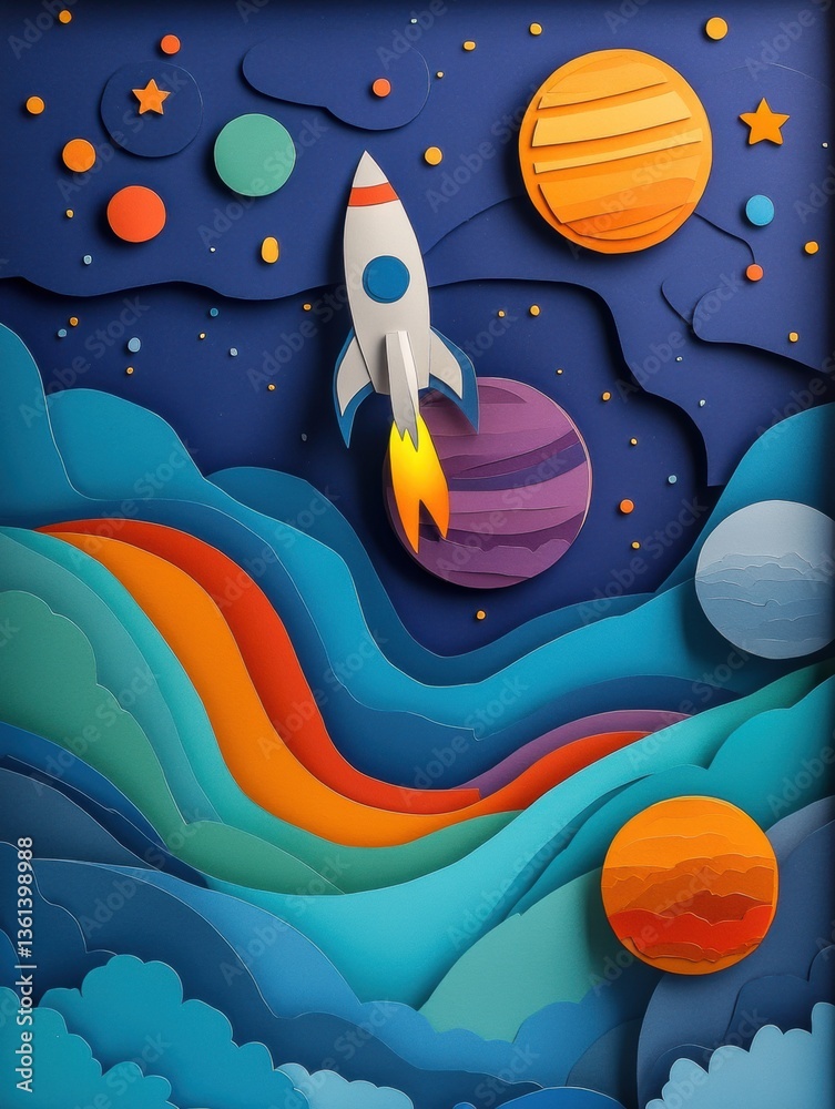 Poster colorful layered paper cut space art features rocket, planets, and stars in a cosmic setting generat