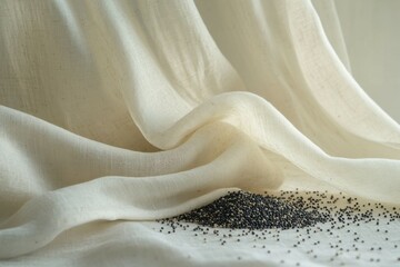 Ethereal Textiles: Delicate ivory fabric drapes gracefully alongside a scattering of tiny, dark seeds, creating a visually appealing contrast that invites contemplation and sensory exploration. 