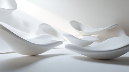 Abstract white shapes and forms creating an elegant and minimalist composition in soft natural light
