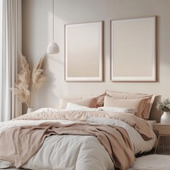 Minimalist bedroom interior with neutral tones, pampas grass, and framed prints.
