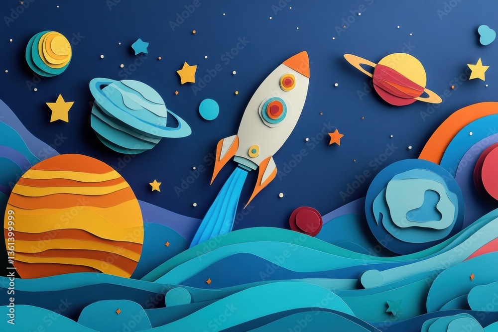 Poster explore vibrant planets and a rocket ship soaring through a layered paper cut space adventure in dee