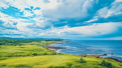 Coastal Meadow Landscape Photography: Sunny Day, Rolling Hills and Ocean Views AI Generated
