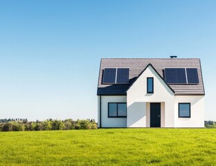 Obraz premium Modern House with Solar Panels on Roof Surrounded by Green Field