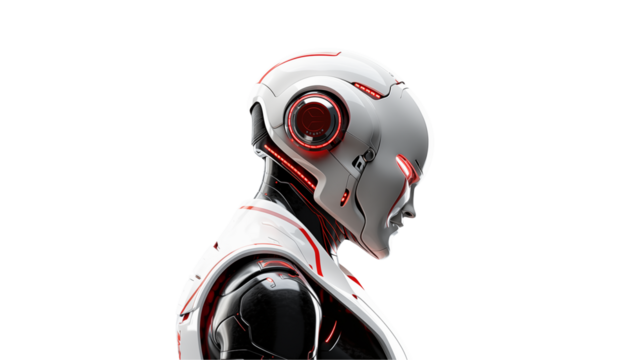Side profile of a futuristic white and red robotic figure