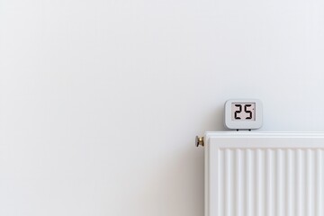 Digital Thermostat on White Radiator Measuring Indoor Temperature