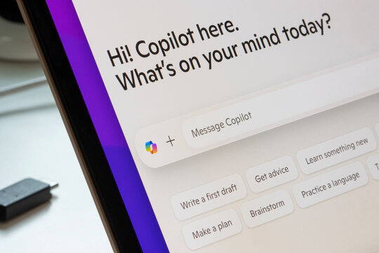 Portland, OR, USA - Mar 24, 2025: Webpage of Microsoft Copilot is seen on the screen of a MacBook Air computer. Copilot is a generative artificial intelligence chatbot developed by Microsoft.