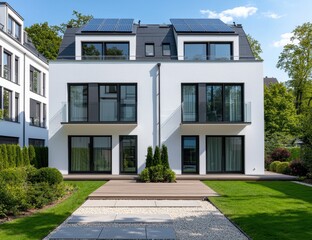 Modern Eco-Friendly House with Solar Panels and Lush Green Garden