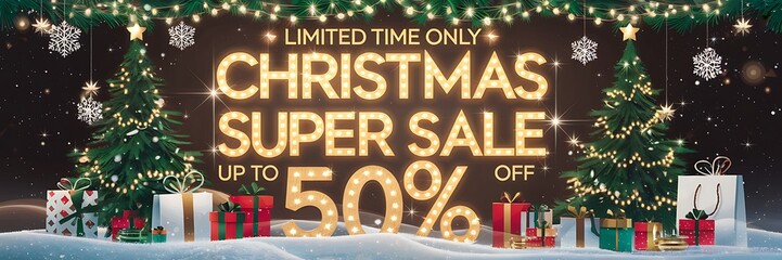 Winter wonderland Christmas sale scene with a snowy background, vibrant holiday decorations, twinkling stars, a festive 50 percent off sale banner glowing in golden light for seasonal shopping deals