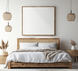 Minimalist bedroom interior with wooden bed, pampas grass, and large frame.