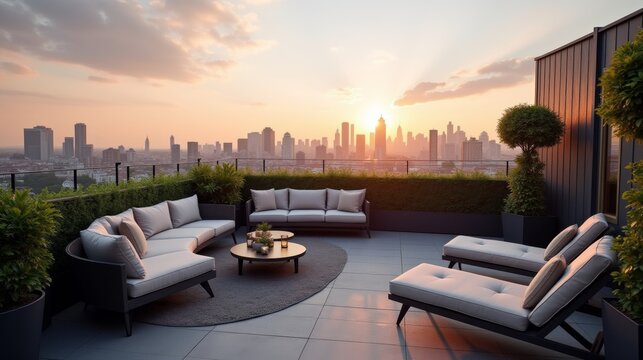 A cozy rooftop setup with a stylish sofa, perfect for a relaxing break, surrounded by city views and open sky.