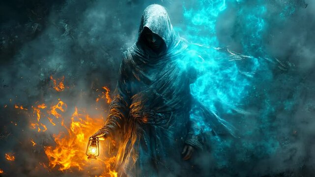 Dark Mage of Fire and Ice Epic Fantasy Elemental Power Scene