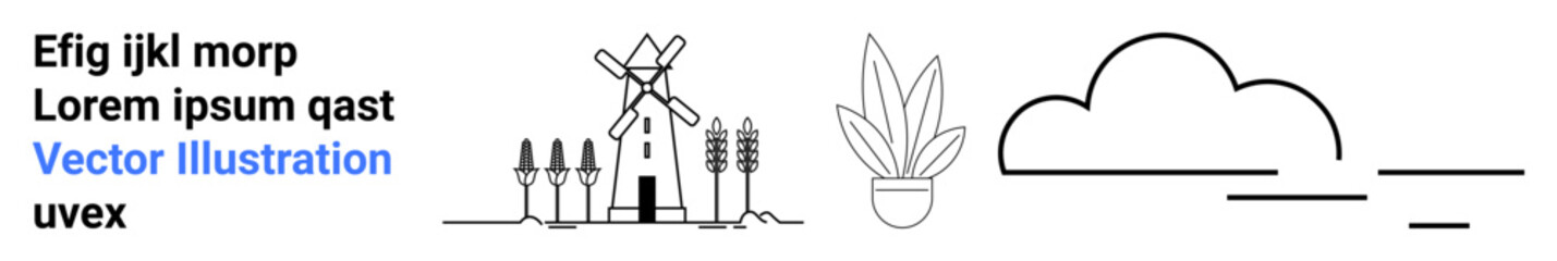 Windmill among wheat fields, potted plant with leaves, minimalist cloud outline. Ideal for nature, agriculture, eco-concept, sustainability, landscape, rural themes and flat landing page banner