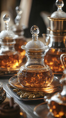 Elegant glass vessels filled with aromatic beverage in a refined setting