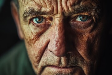 A close-up portrait of a middle-aged man with deep wrinkles, his eyes filled with sorrow and nostalgia, softly illuminated by natural window light.