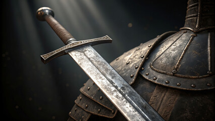 Battle-worn claymore sword close-up medieval atmosphere dramatic lighting historical artifact