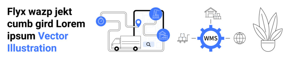 Connected logistics map with a delivery truck, warehouse, digital gear, and supply chain symbols. Ideal for logistics, technology, automation, strategy, warehouse entrepreneurship flat landing page