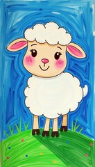 Fototapeta premium Cute Cartoon White Lamb Standing on Green Hill with Blue Sky Background