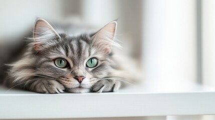 Fluffy gray cat close-up  A long-haired cat with big green eyes lies on a white table, licking its lips.