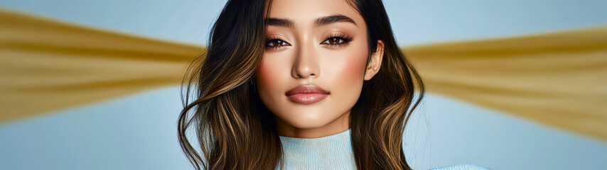 Beautiful woman with long hair posing confidently against a blue background during a photoshoot