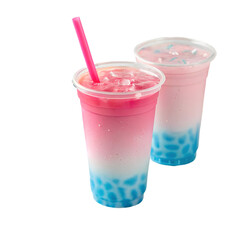 A pink and blue drink in a plastic cup with a pink straw
