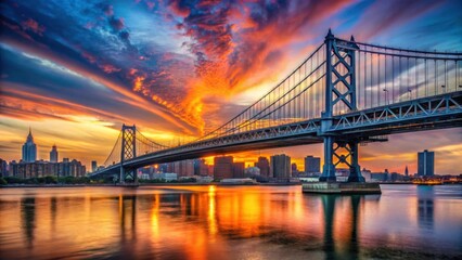 Fototapeta premium Vibrant Sunset Over Ben Franklin Bridge with Colorful Sky
