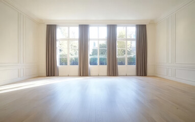 Fototapeta premium Bright and spacious living room with large windows showcasing outdoor greenery