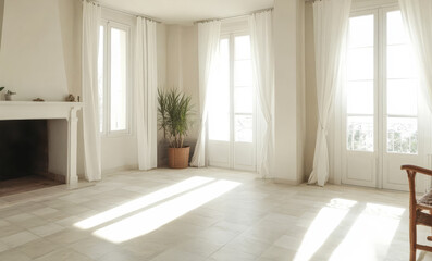 Obraz premium Natural light floods an airy room with elegant decor and tall windows at midday