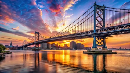 Obraz premium Stunning Sunset Over Iconic Ben Franklin Bridge in Philadelphia