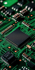 Close up of a microchip on a green circuit board with traces and components