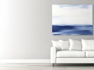 Modern living room with abstract wall art and minimalist furniture in bright space