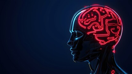 Futuristic Neon Human Head with Visible Circuitry and Brain Design