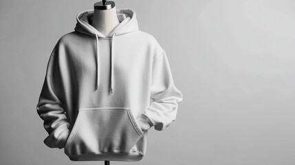 A light gray pullover hoodie displayed on a mannequin, captured from a straight-on perspective against a solid white backdrop. Good composition, high resolution, hoodie mockup