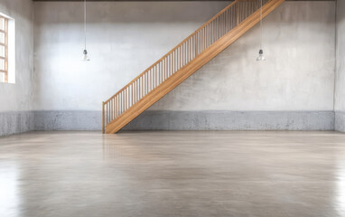 Obraz premium Spacious interior with wooden staircase and industrial design elements for creative projects